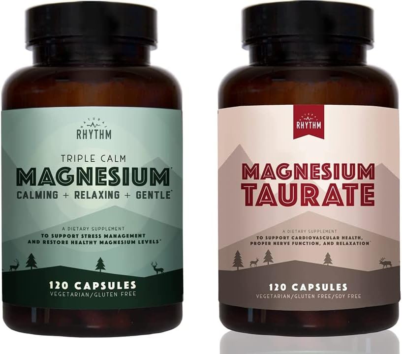 Natural Rhythm Day & Night Bundle - Triple Calm Magnesium 150mg, 120 Capsule + Magnesio Taurate 750mg (150mg di Magnesio Elementale) 120 Capsule