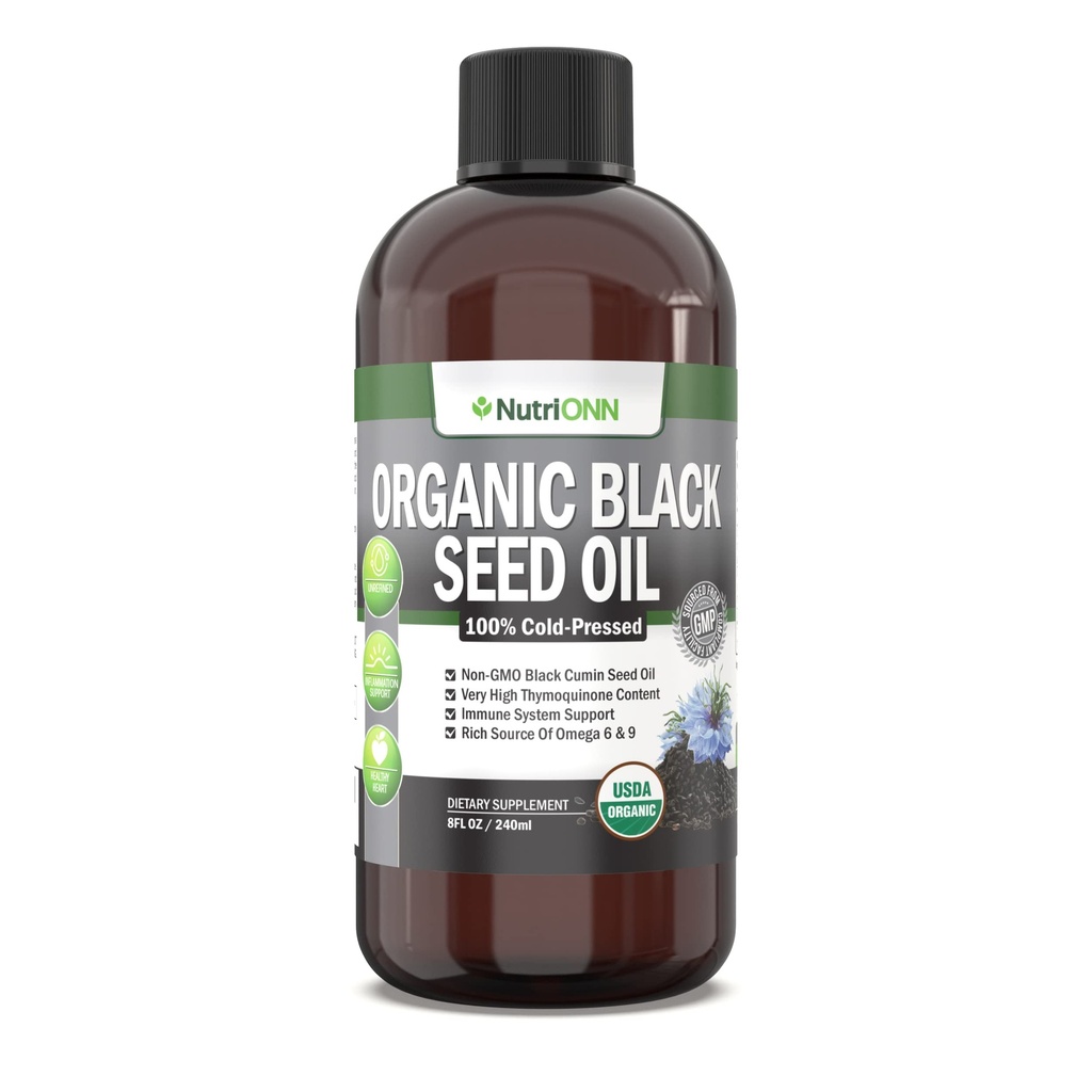 Olio di semi neri organici - Certificato USDA Black Cumin Seed Oil Liquido – Alto contenuto di Thymoquinone – Non-OGM e freddo-Pressed – ricca fonte di acidi grassi Omega-6 & Omega-9 - 8 Oz