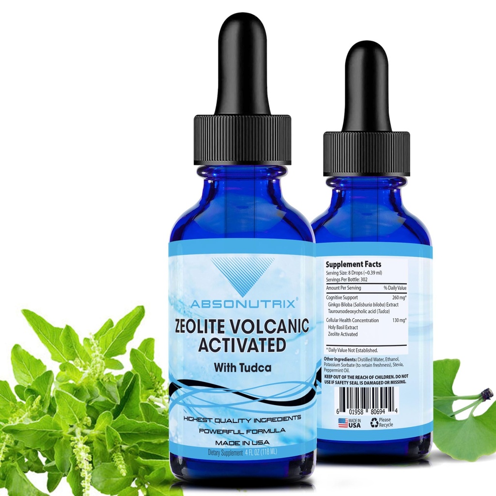 Absonutrix Zeolite Volcanic Attivato con Tudca Advanced Formula 390 mg, 4 Oz Liquid, 302 Serve, Made in USA, Assorbimento rapido, Non OGM, GMP Certified Facility, Cruelty-Free Products