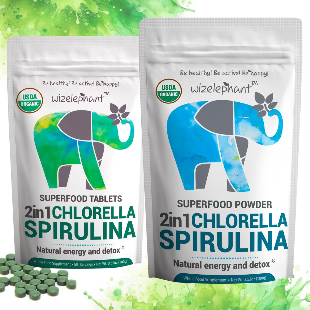 Clorella Spirulina Polvere Organica + Spirulina Chlorella Tablets | Organic| Rich in Chlorophyll | Greens Superfood Powder & Tablets Bundle