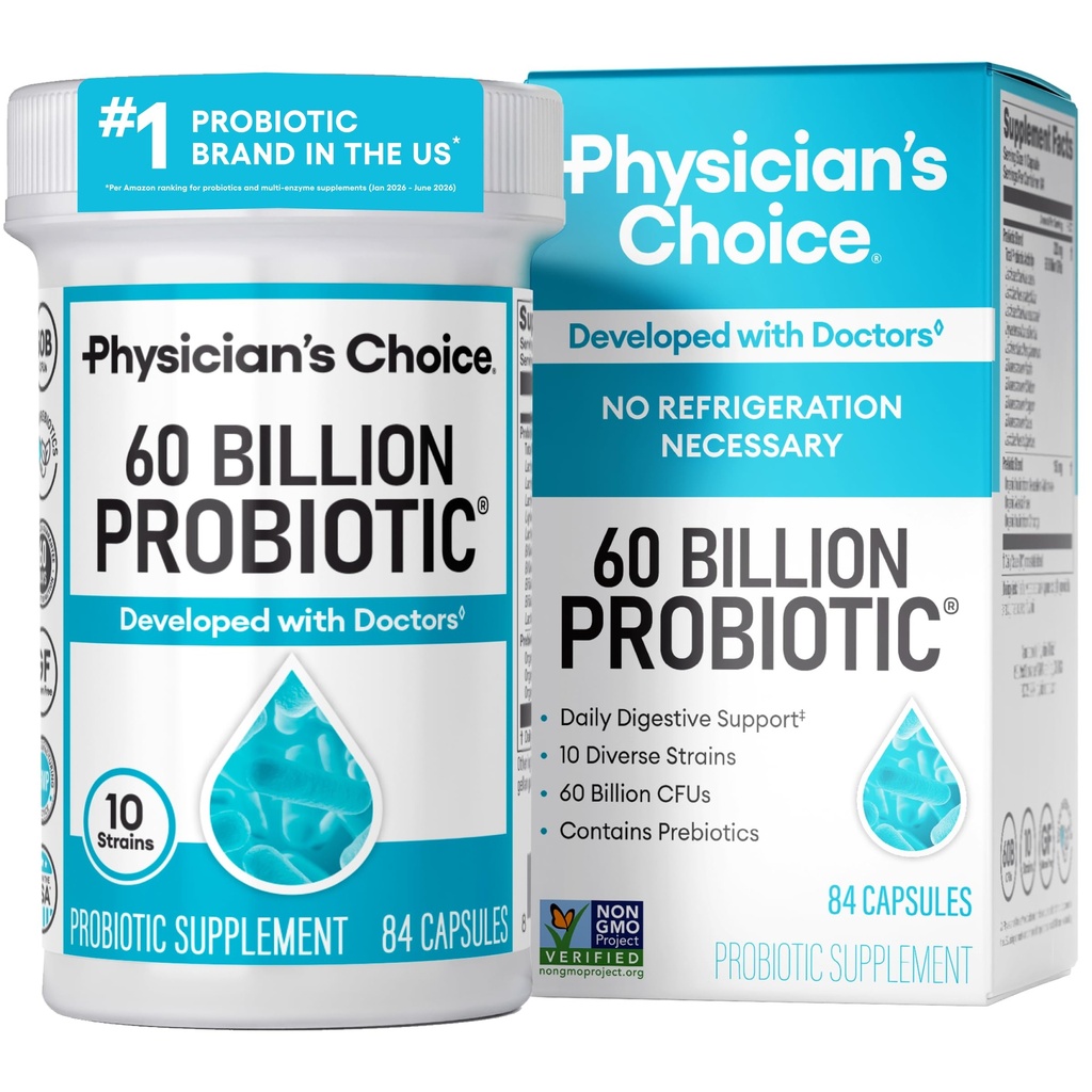 Probiotici CHOICE del medico 60 miliardi di CFU - 10 strati + prebiotici organici - Immune, Digestivo & Salute Gut - Supporta costipazione occasionale, diarrea, gas &amp; Bloating - per le donne & uomini - 84ct