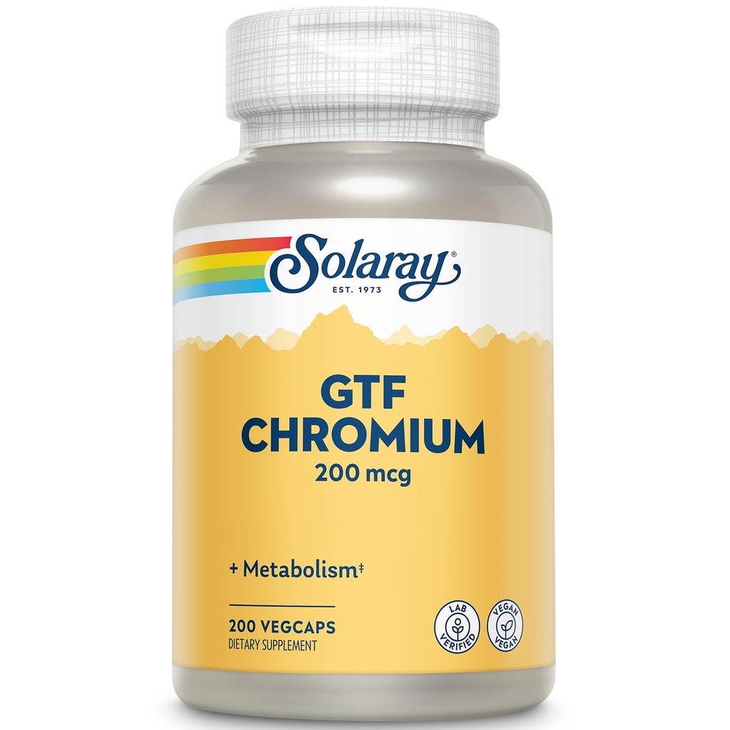 Solaray GTF Chromium 200mcg - Pure Chromium GTF 200 mcg Supplemento, Supporta la funzione metabolica e la salute del corpo intero per gli uomini e le donne - 200 Vegan Capsule