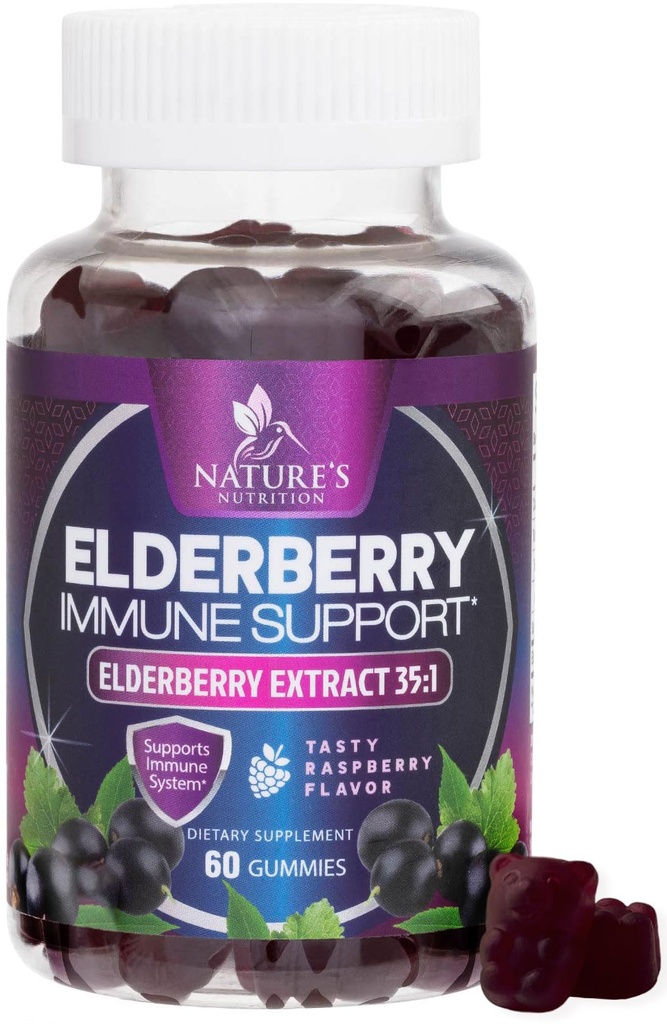 Elderberry Immune Support Gummies - Super Concentrato 35:1 Estratto, Equivalente a 4200mg di Anziani - Sambucus Black Elder Berry Vitamin Supplemento, Supporto giornaliero per bambini e adulti - 60 Gummies