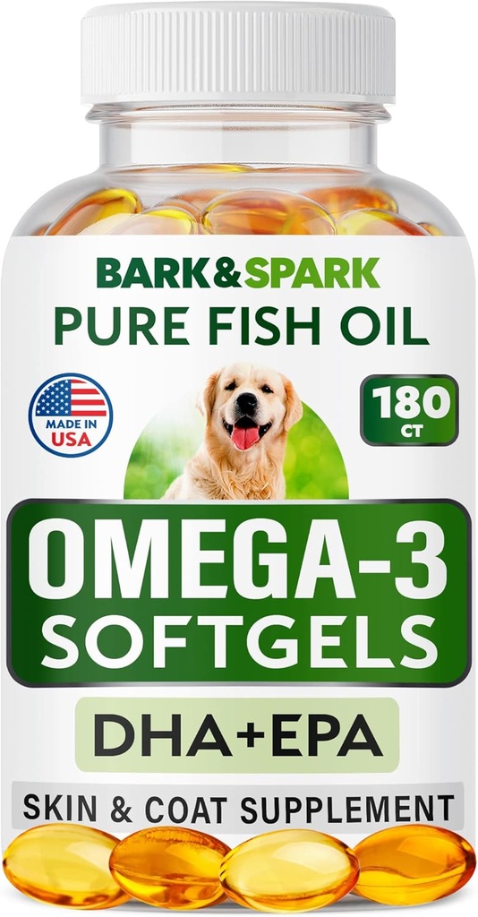 BARK&SPARK Omega 3 per cani - 180 Fish Oil Softgels per il cane Shedding, Allergia della pelle, Itch Relief, Hot Spots Trattamento - Joint Health - Integratore di pelle e cappotto - EPA & DHA acidi grassi - Salmon Oil