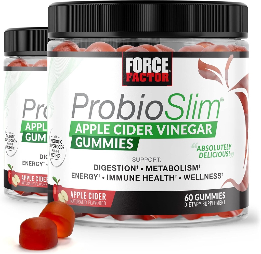 FORCE FACTOR ProbioSlim Aceto di Mela Gummies, 2-Pack, con Aceto di Sidro di Mele Organico e Probiotici di LactoSpore e Prebiotici per sostenere la digestione, il metabolismo e la salute immunitaria, 120 Gummies