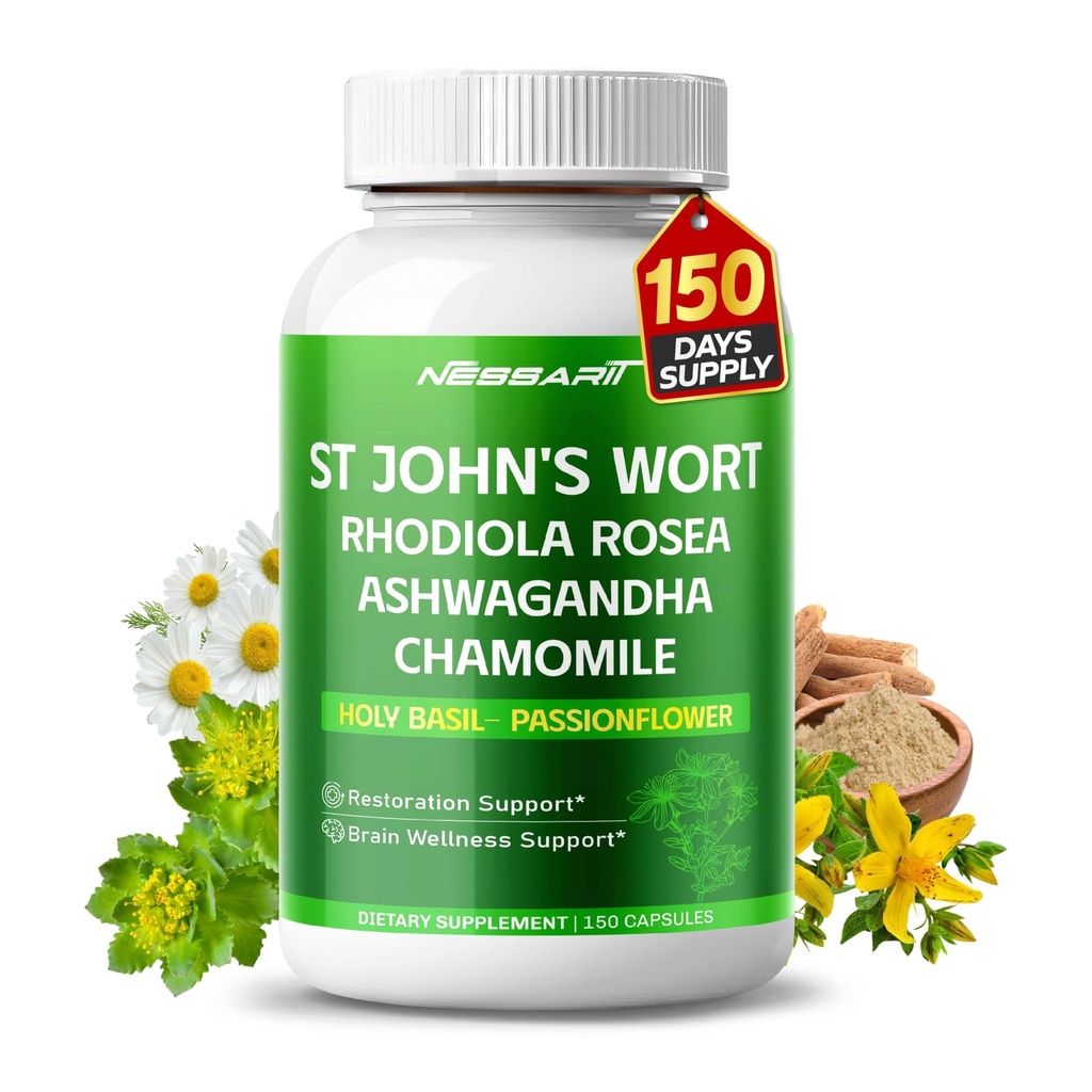 Peggio di ST John 14-in-1 Miscela naturale con Rhodiola Ashwagandha Camomilla Santo Basilio L-teanina Valerian Passionflower - 150 Conte - Made & Tested in the USA