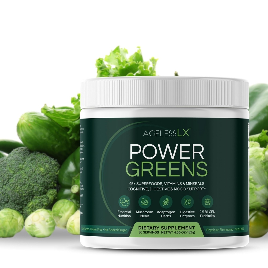 AgelessLX Power Greens, 42 Superfoods con Probiotici, Enzimi e Fibra Prebiotica per l'energia avanzata, l'immunità e la salute digestiva, 30 Serve