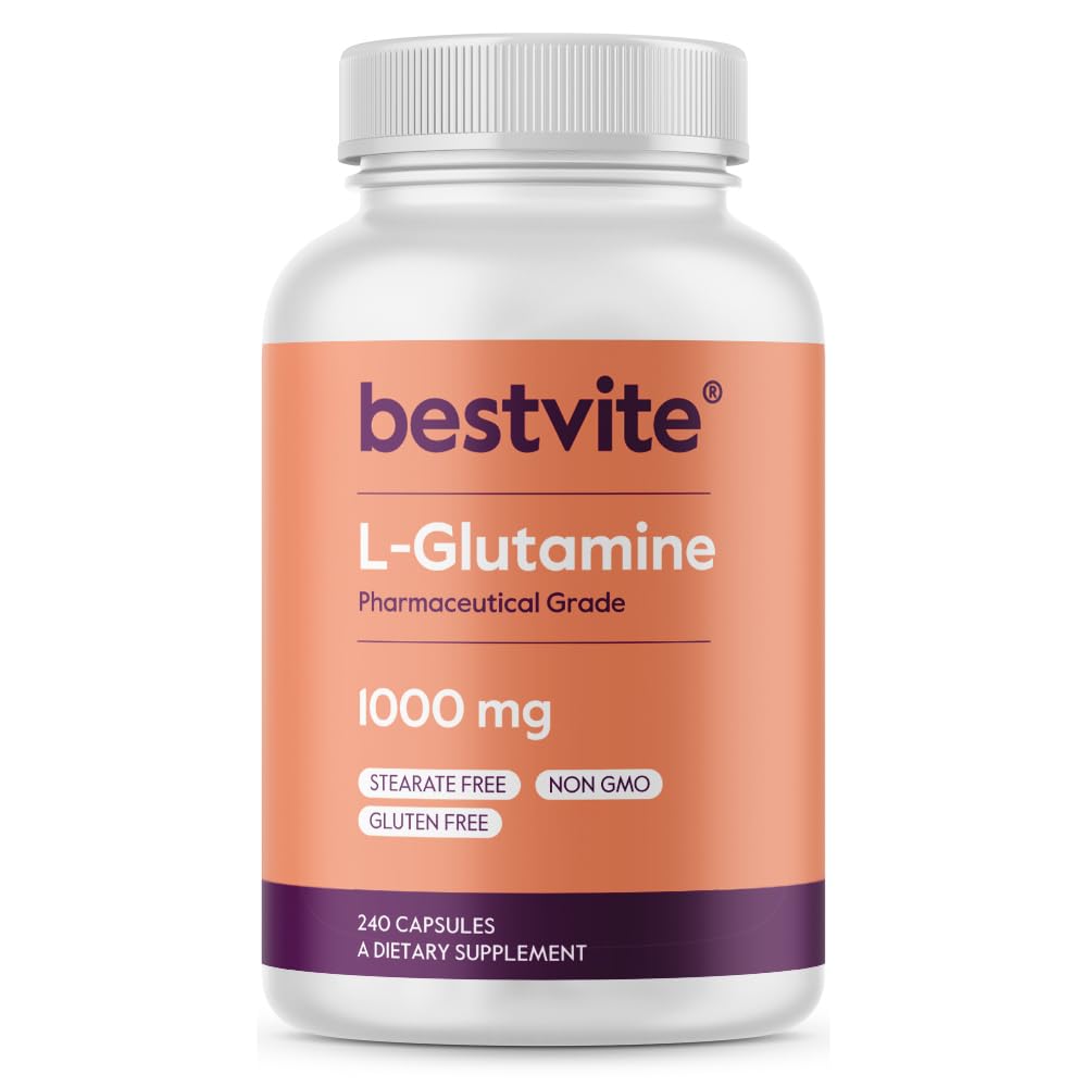 BESTVITE Filler-Free L-Glutamina 1000mg per capsula (240 capsule) - Free Form - No Stearates - Gluten Free - Non OGM - Pure L Glutamine Supplemento - Massima resistenza Glutamine Capsule
