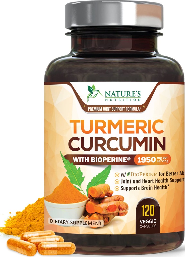 Curcumina curcuma curcuma supplemento 1950mg - 95% Curcuminoidi con estratto di peperoncino nero e curcuma organico per migliore assorbimento, supporto misto vegano della natura, non OGM, imbottigliato negli Stati Uniti - 120 capsule