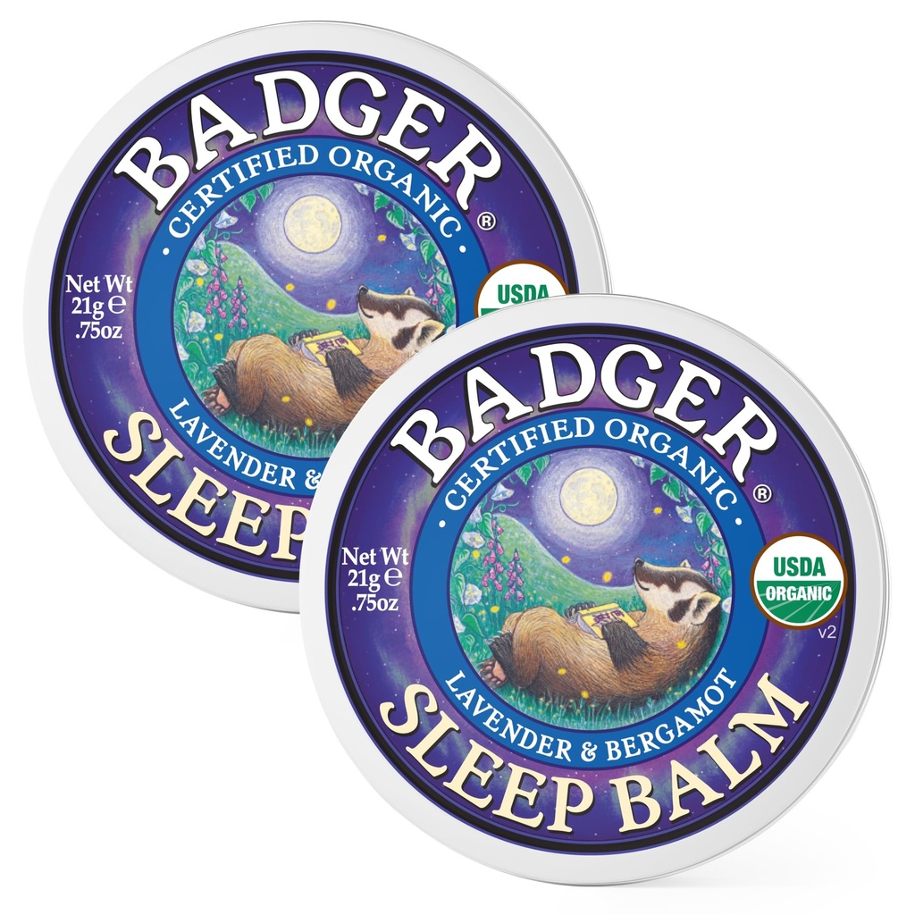 Badger Dormire Balm, Organic Essential Oil Aromatherapy Natural Sleep Balm for Adults & Kids, Relax & Calming Lavender & Bergamot Natural Sleep Support, .75 oz Tin, 2-Pack