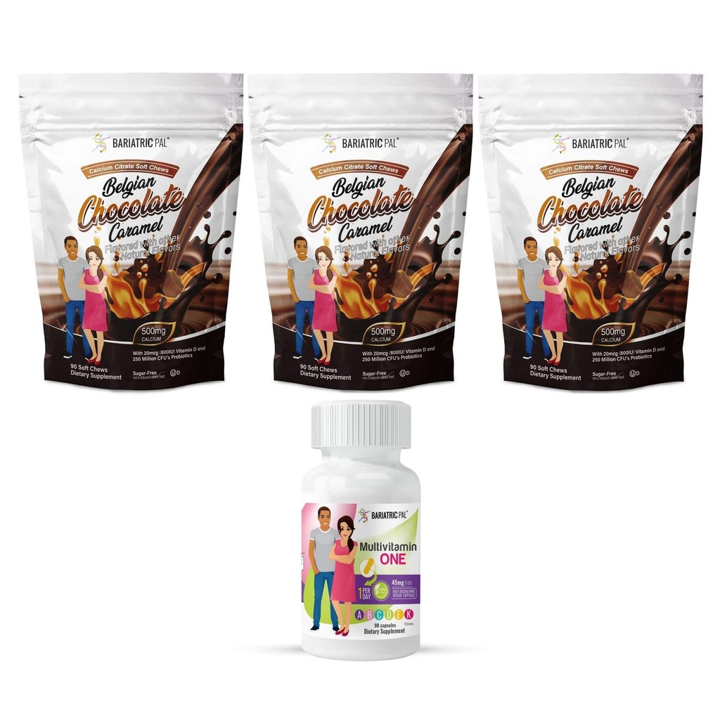 BariatricPal 90-Day Bariatric Vitamin Bundle (Multivitamin ONE 1 al giorno! Capsula con 45 mg Ferro e Calcio Citrato Cuciture Morbide 500mg con Probiotici - Cioccolato belga Caramel)