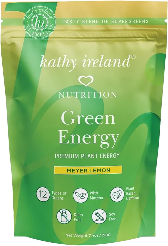 Kathy Ireland Super Greens Energy Powder, Clean Energy Drink Mix con Matcha & Green Tea, Immune & Digestive Support Supplement, Non Aggiunto Zucchero, Meyer Lemon Flavor, 7.4 oz