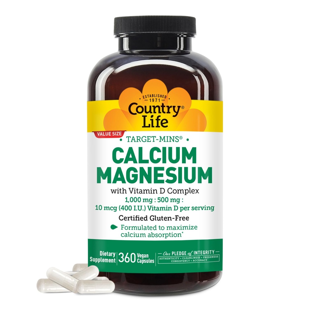 Country Life Target-Mins Calcio Magnesio con Vitamina D-Complex, 1000mg/500mg/10mcg, 360 Vegan Capsule, Certificato Gluten Free, Certificato Vegan, Verified Non-GMO...