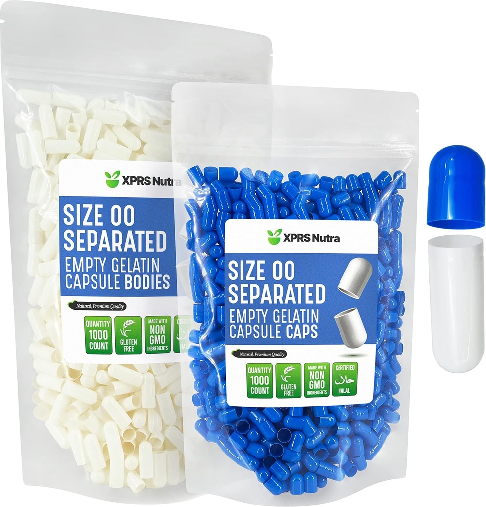 XPRS Nutra Capsule Separati Dimensioni 00-1000 Contare Empty Gelatin Capsule Separati in Borse - Premium Empty 00 Pillole per DIY Supplement Filling (Blue/White)
