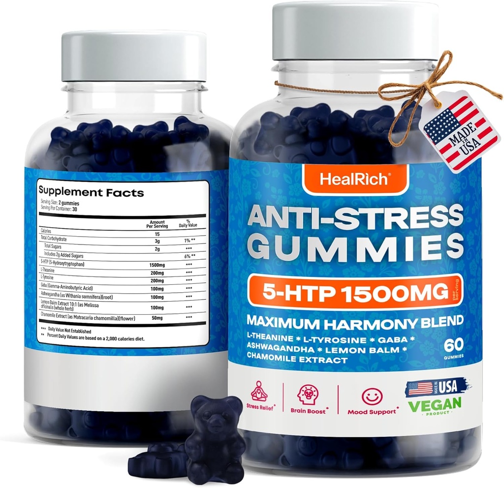 Stress Relief Gummies - 1500MG 5HTP con L-teanina Gaba & L-tirosina - Ashwagandha Herbal Supplemento Supporta l'Alertness Intellettuale Vegan Brain Mood Booost Integratori per Bambini & Adulti Made in USA