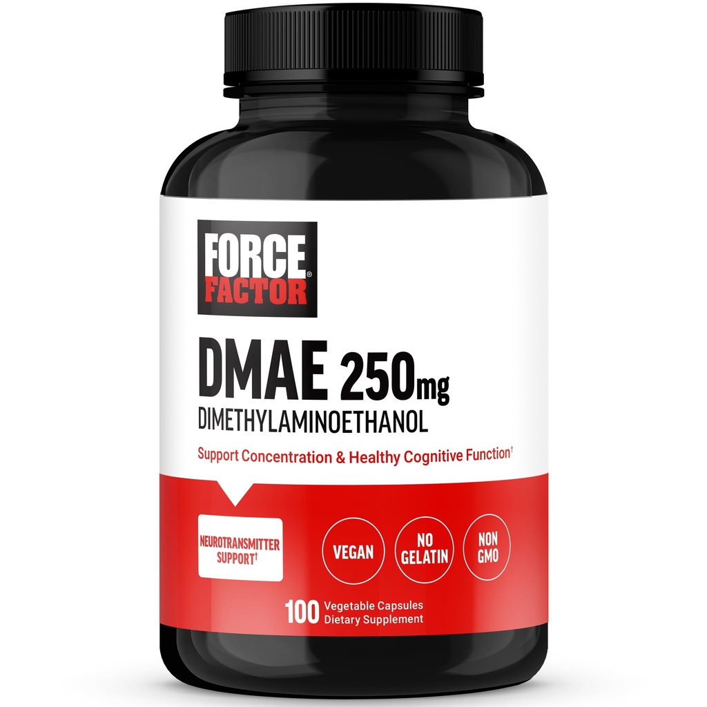 FORCE FACTOR DMAE Supplemento per la concentrazione, messa a fuoco e la funzione cognitiva sana, supporto per integratori e neurotrasmettitori, Vegan, Non OGM, 100 capsule