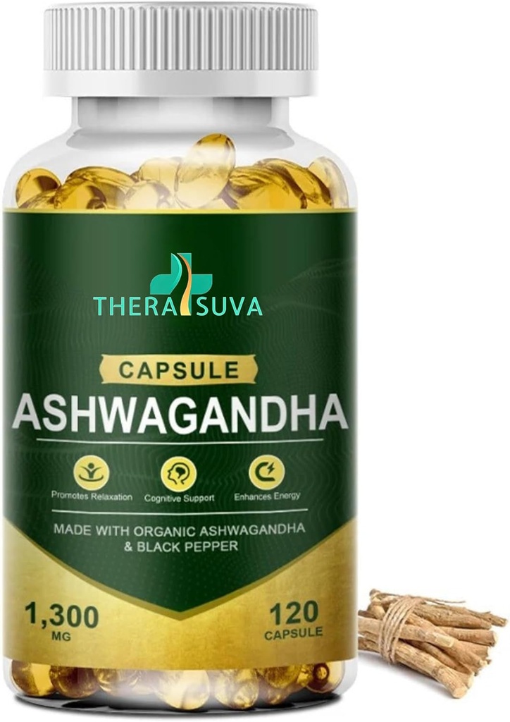 Organic Ashwagandha + pepe nero, tutto naturale ad alta potenza Supplemento per Stress Relief e Vitality 120 Softgels, alimentazione di 60 giorni