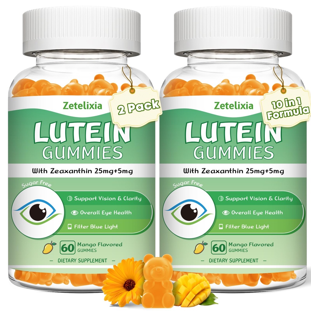 2 Pack Lutein Gummies 25mg, Zucchero Lutein Zeaxanthin Integra Gummies, Integratore per la salute degli occhi per gli adulti, Vitamine degli occhi Lutein per la visione e la protezione della luce blu, Mango Flavor, 120 Conte