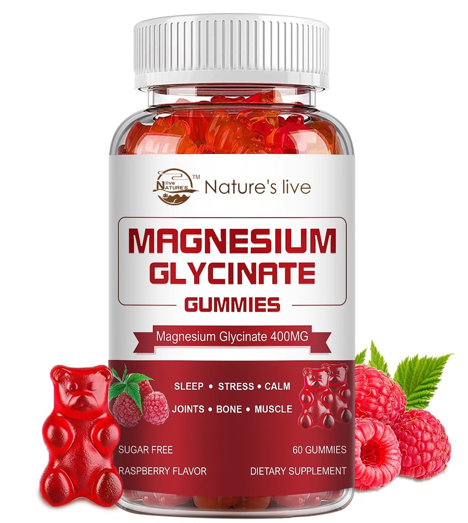 Magnesio Glycinate Gummies, Zucchero Gratuito Magnesio Supplemento con Magnesio Glycinate 400mg, Magnesio L-Threonate 200mg per Calma Mood, Muscolo, Bone & Sonno per Adulti, 60 Raspberry Gummies
