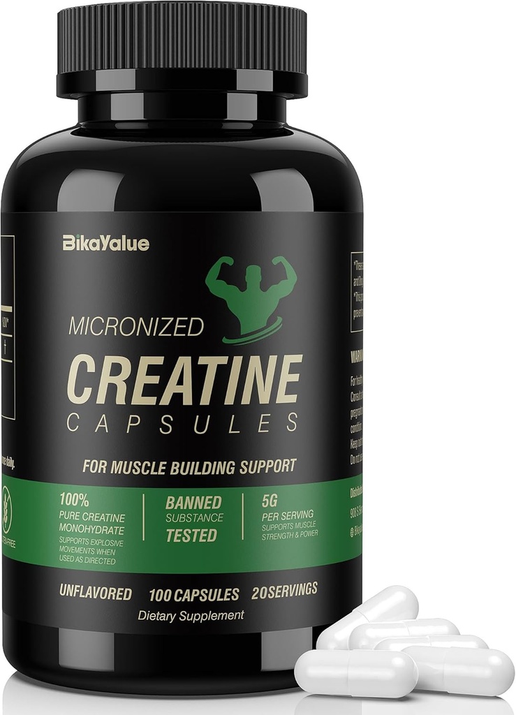 Micronized Creatina Monoidrato capsule, Creatina capsule Supplemento per muscolo, resistenza, prestazioni, energia, recupero, senza glutine Creatina per le donne e gli uomini, 100Capsules (20 Serve)