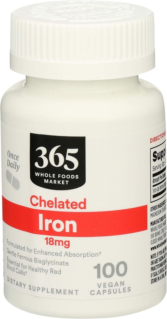 365 da Whole Foods Market, Iron Chelated 18Mg, 100 Veg Capsules (Pack of 2)