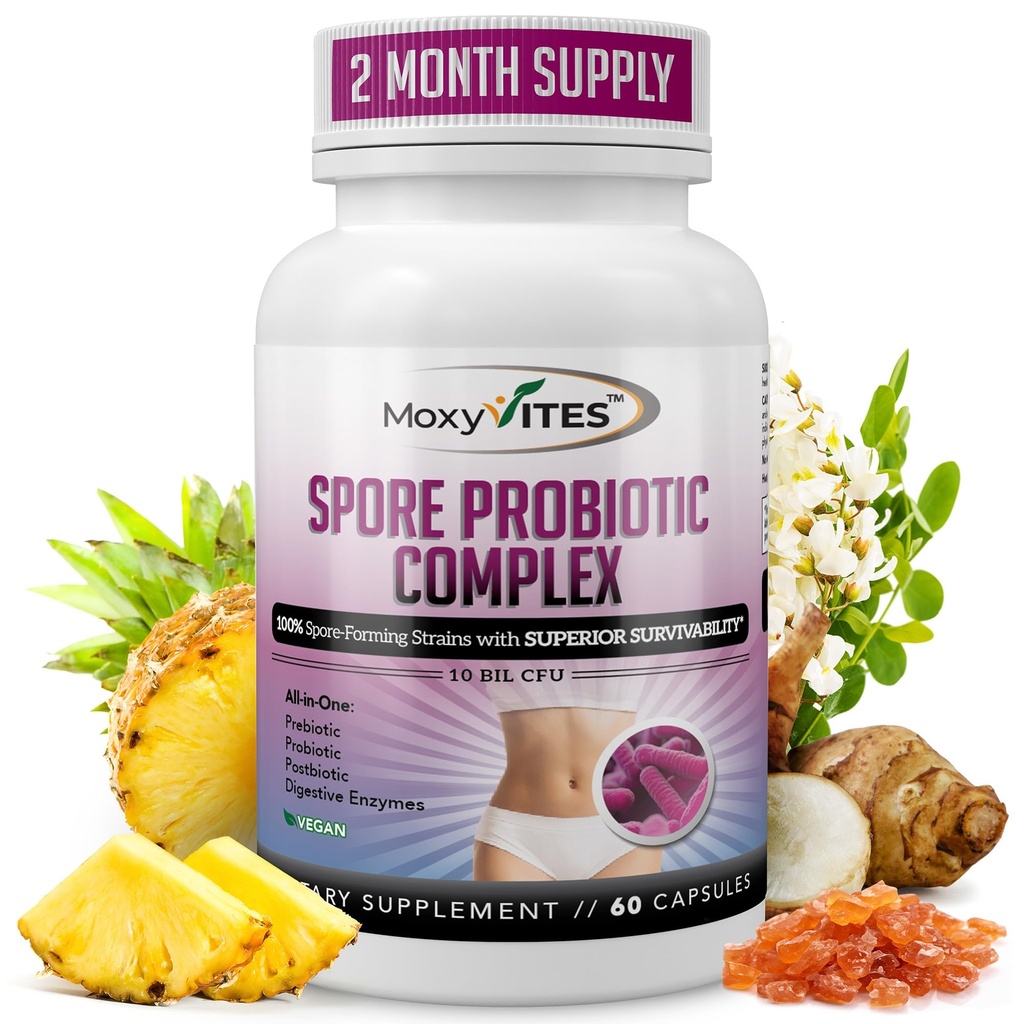 MoxyVites Spore Probiotic Complex - All In One Prebiotics and Probiotics for Digestive Health, Postbiotic, Digestive Enzymes Daily Supplement - Spore Based Probiotics for Women & Men