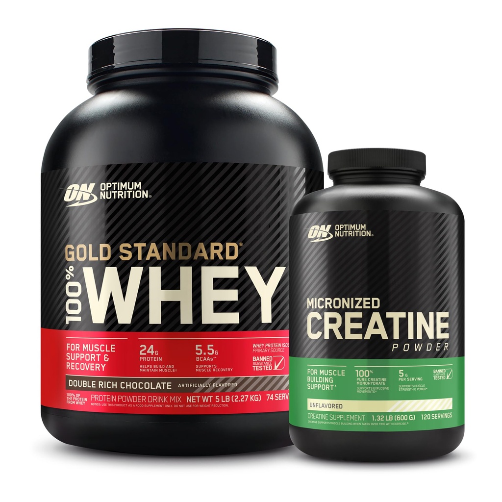 Optimum Nutrition 100% Gold Standard Whey Protein Polvere: Double Rich Chocolate (5 Pound) con Micronized Creatine Monohydrate Powder, Unflavored (120 Servings) - Bundle Pack