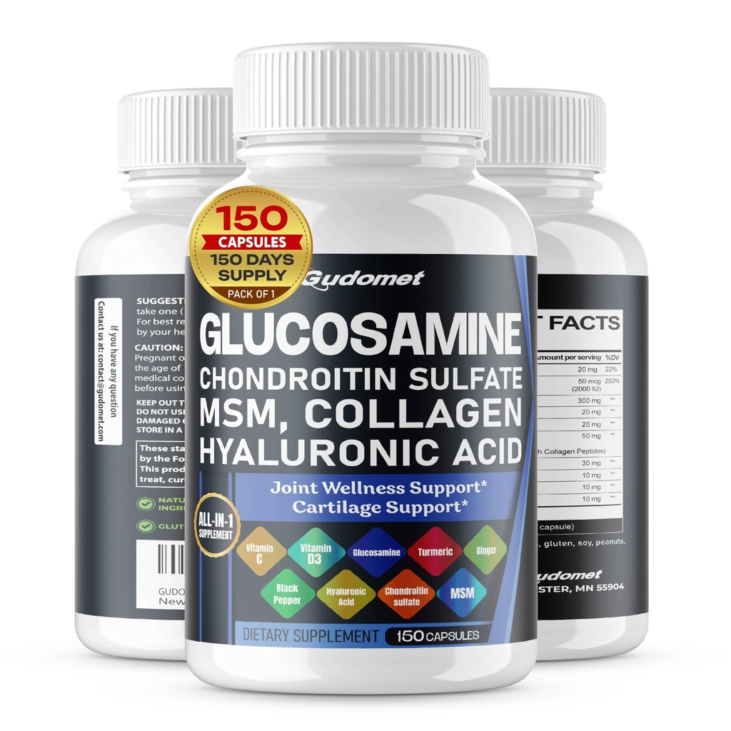 Glucosamina Condroitin solfato Methylsulfonylmethane Acid Turmeric Ginger Vitamin C, D3, Black Pepper -150 Capsules- Made in USA