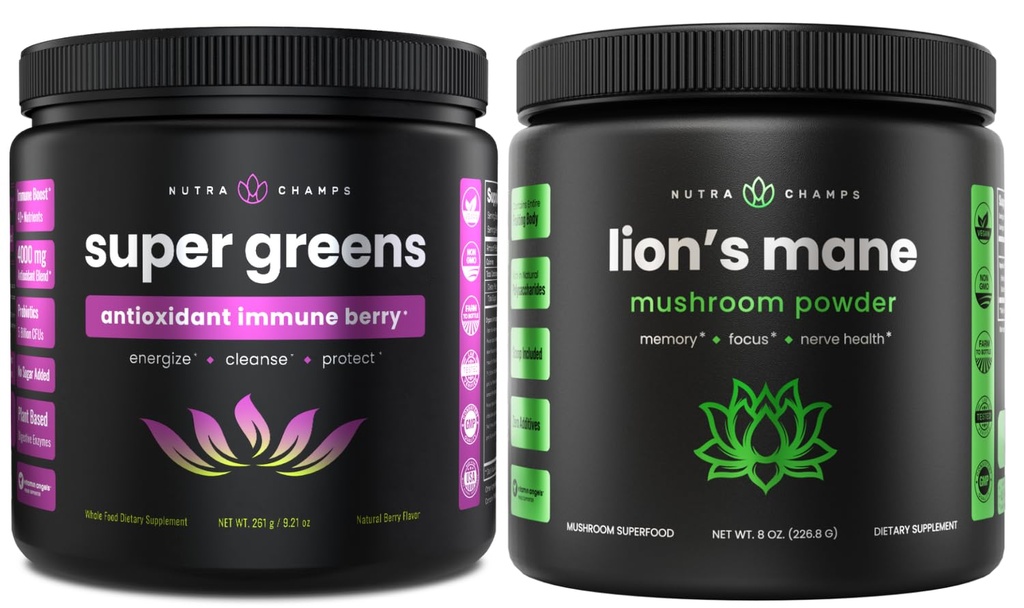 NutraChamps Super Greens Antioxidant & Lion's Mane Powder. Supporto digestivo, immunità e adaptogen