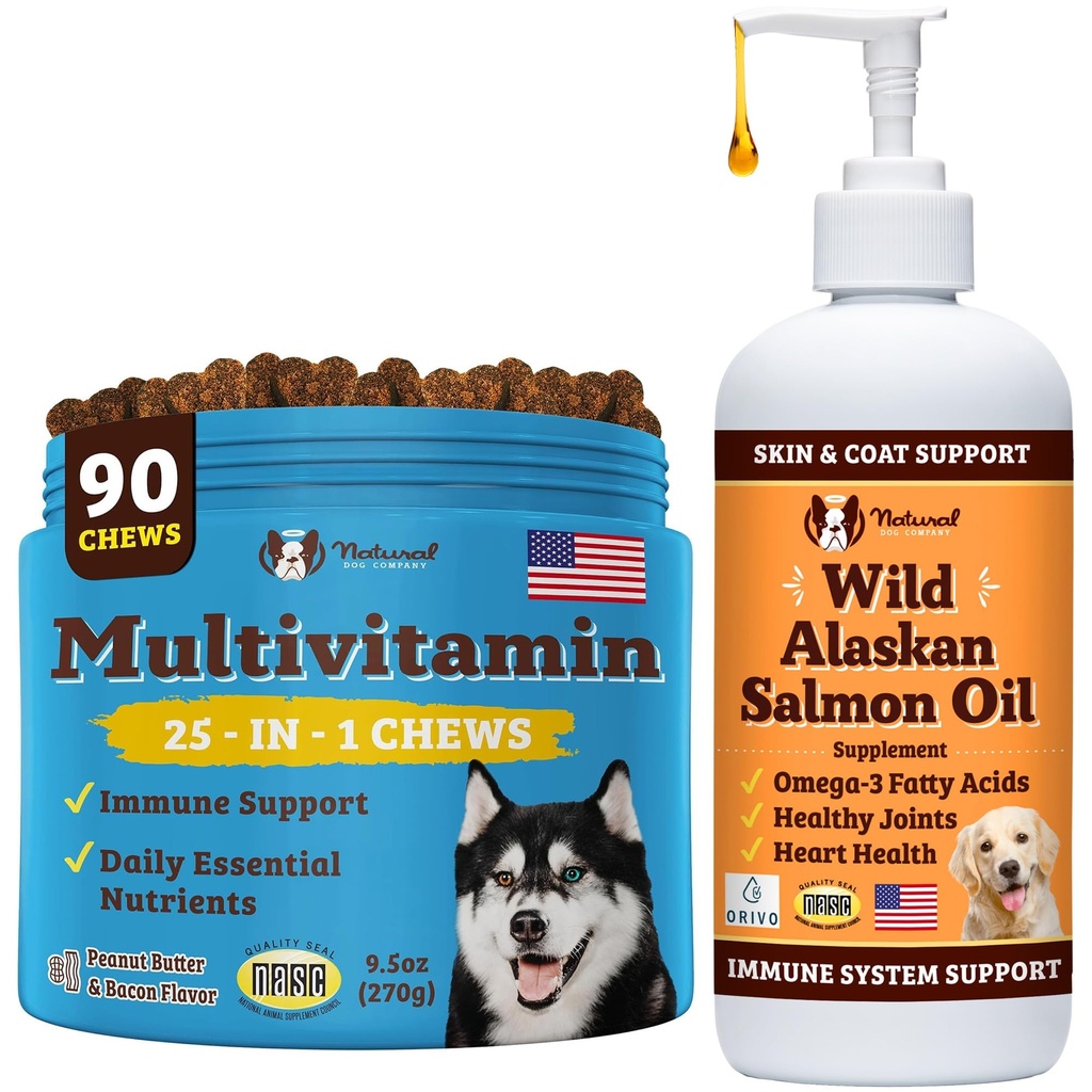 Natural Dog Company Benessere Bundle per cani, olio di salmone per cani, multivitaminico e supplemento, Itch Relief