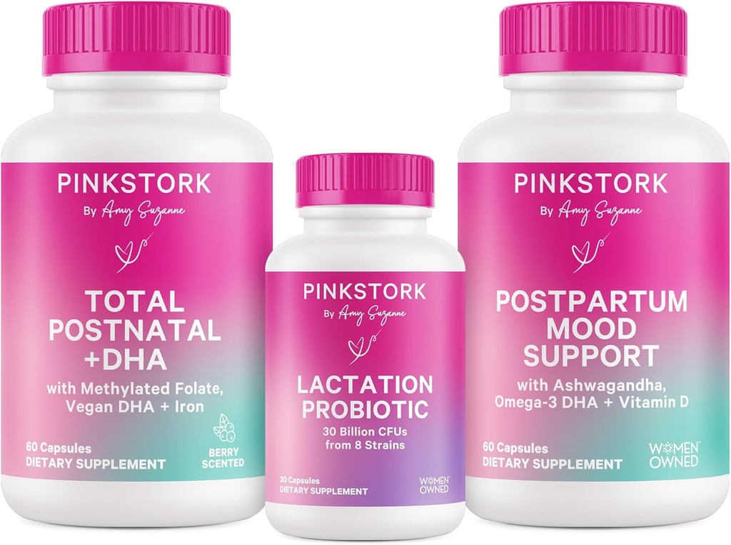 Cicogna rosa New Mom Necessità Bundle: Vitamina postnatale con DHA e acido folico, Probiotico di lattazione per la fornitura di latte materno + supporto immunitario, Postpartum Mood + supporto ormone, Postpartum Essentials