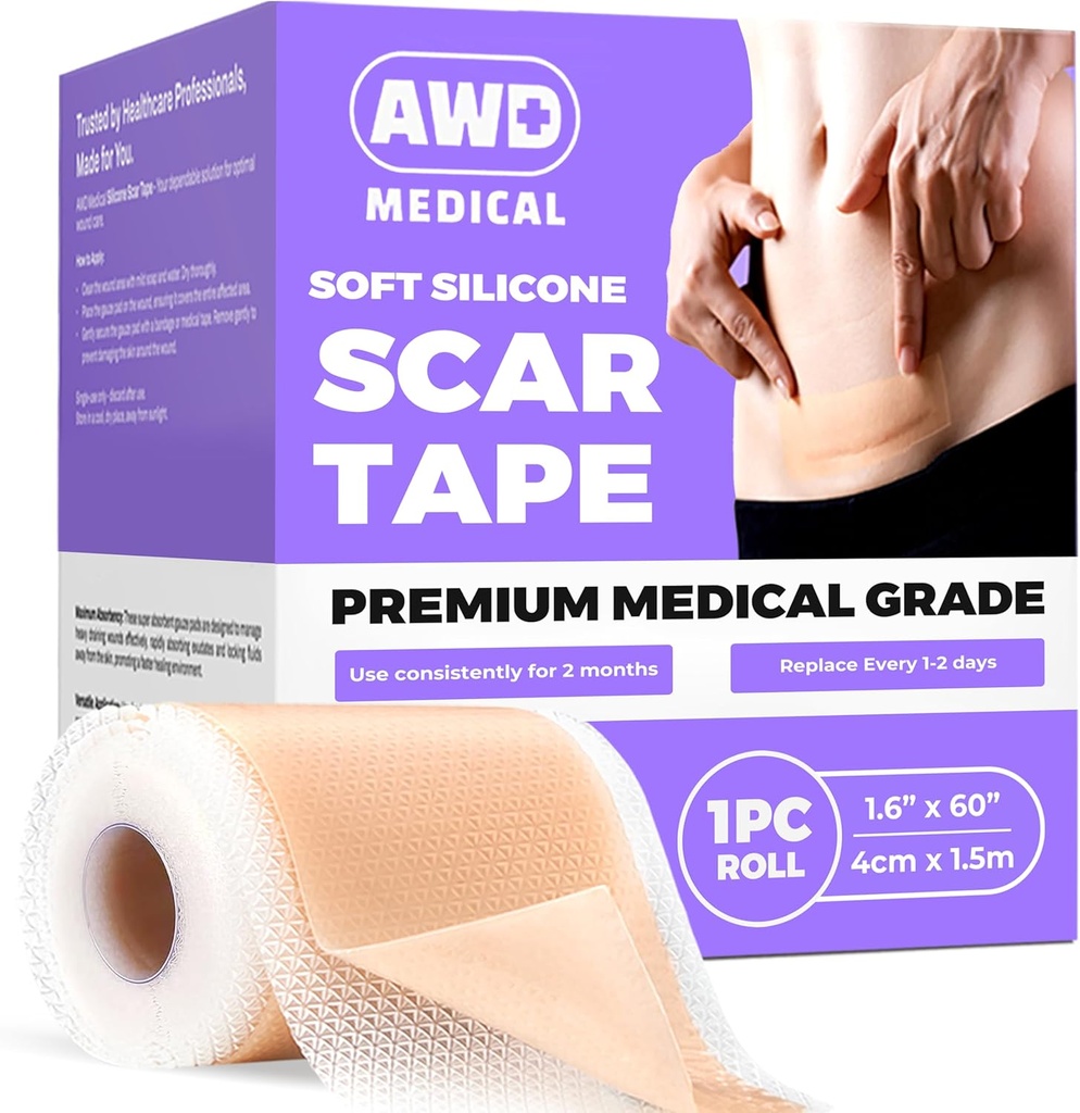 Fogli per cicatrici in silicone AWD per cicatrici chirurgiche - Nastro antiscivolo medico senza cuciture per sezione C, Nastro Tummy Tuck - Patch pelle in silicone dopo chirurgia deve avere (1.6" x 60" Roll senza cuciture)