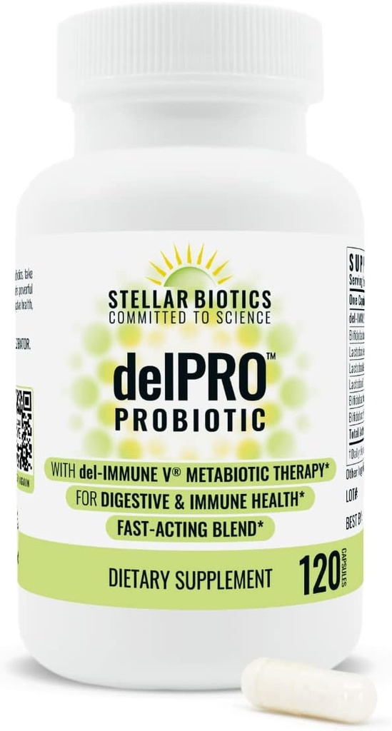 Del-Immune V® + Delpro Probiotic & Prebiotic Blend by Stellar Biotics - promuove la salute, la digestione, il supporto immunitario & Mood (120 capsule)
