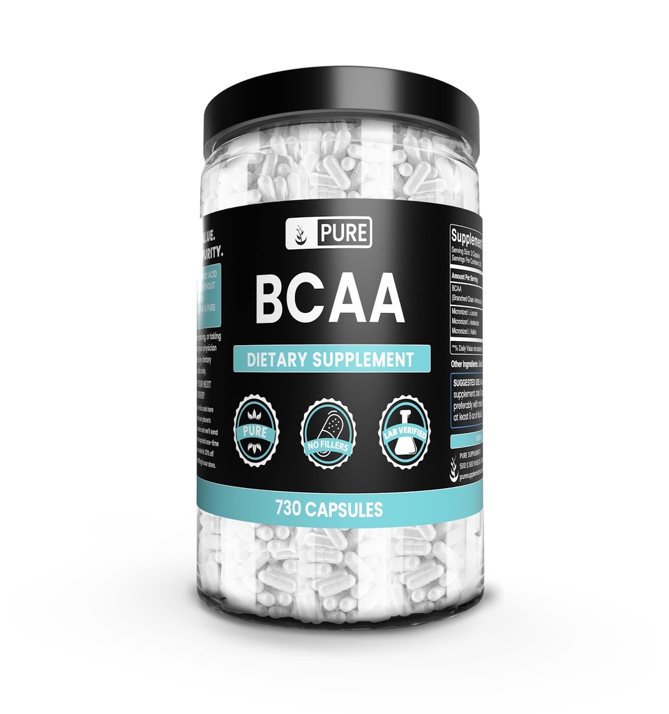 Ingredienti originali puri BCAA (730 capsule) Nessun filler di Magnesio o di Riso, Sempre puro, Lab verificato
