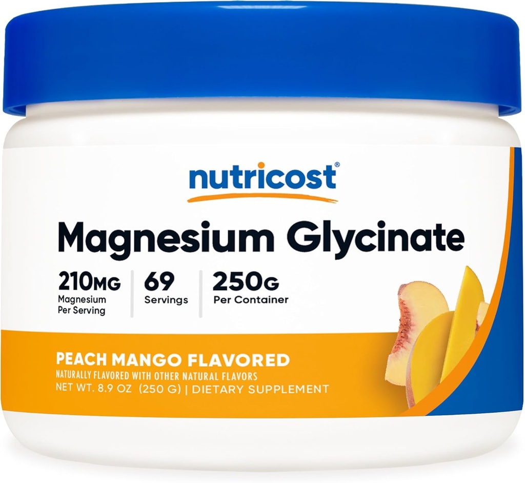Nutricost Magnesio Glycinate Powder (Peach Mango, 250 Grammi) - Magnesio Glycinate (come Bisglycinate)