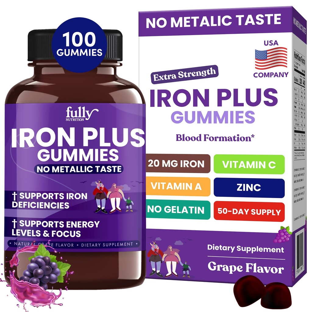 Iron Gummies Integratori per Donne, Uomini e Bambini – Sanità Sangue & Energia Supporto per la carenza di ferro, Anemia, No Dopo Guste- Fresco Uva Aroma- 100 Gummies (50 giorni di alimentazione)