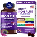 Iron Gummies Integratori per Donne, Uomini e Bambini – Sanità Sangue & Energia Supporto per la carenza di ferro, Anemia, No Dopo Guste- Fresco Uva Aroma- 100 Gummies (50 giorni di alimentazione)