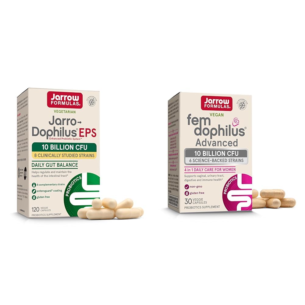 Jarrow Formulas Probiotics Bundle con Jarro-Dophilus EPS 10 miliardi CFU 120 Caps e Fem-Dophilus Advanced 10 miliardi CFU 30 Caps