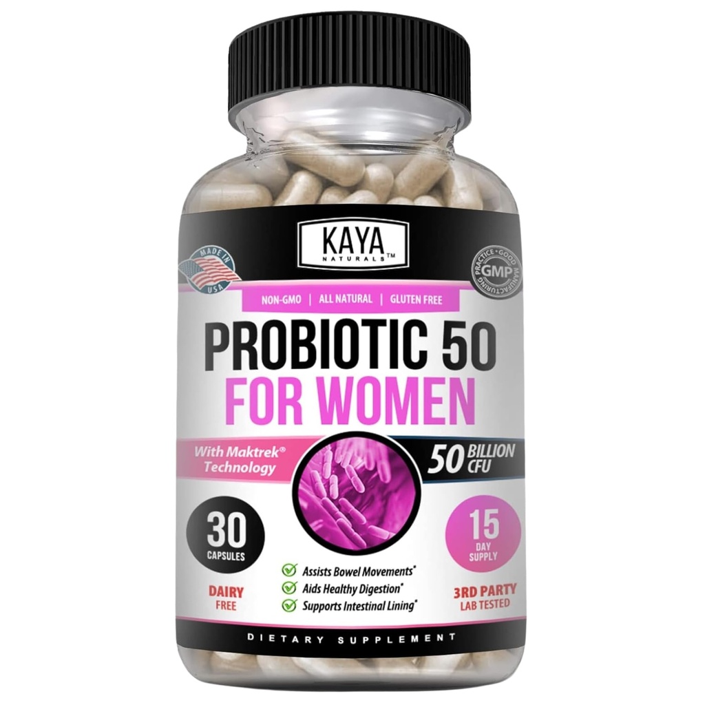 Kaya Naturals Probiotic 50 miliardi di CFU - Probiotici per le donne, Probiotici per gli uomini e gli adulti, Natural - Gut Health & Immune Support Supplement - Fornisce supporto digestivo - 30 capsule vegetali