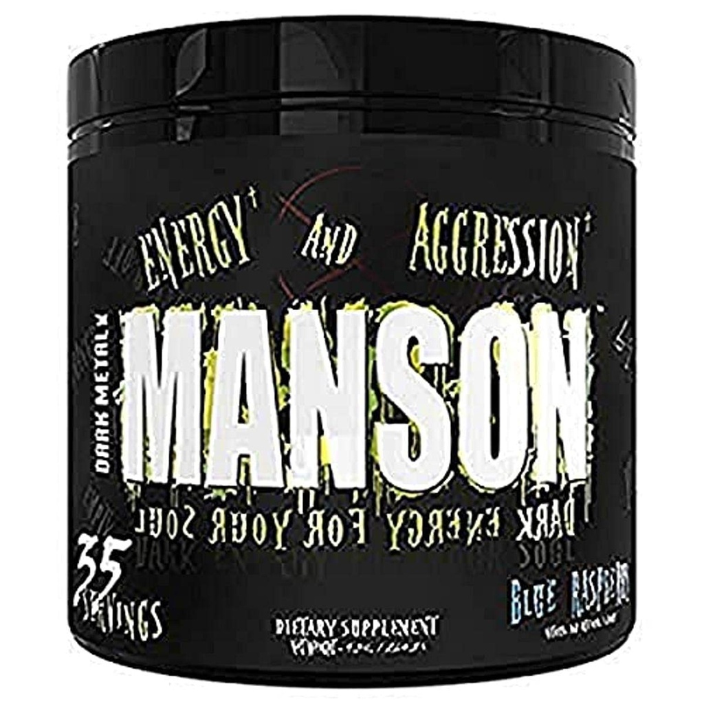 DARK METAL Inc. Manson High Stim Pre Workout Powder, Energy Focus Strength, Caricato con Beta Alanine L-Carnitine Caffeine Infinergy, 35 Srvgs, Blue Raspberry