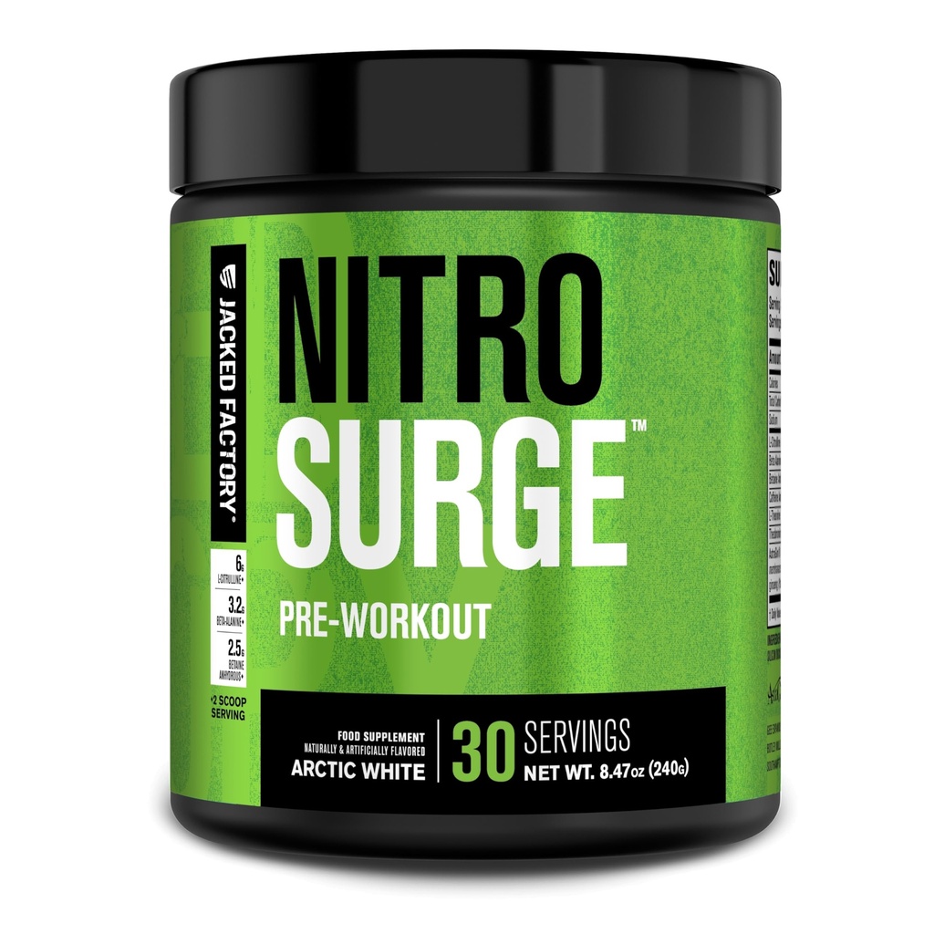 Jacked Factory NITROSURGE Pre Supplemento di allenamento - Energia senza fine, Gains di resistenza istantanea, messa a fuoco trasparente, pompe intenzionali - NO Booster & Potente Preworkout polvere di energia - 30 Serve, Bianco artico