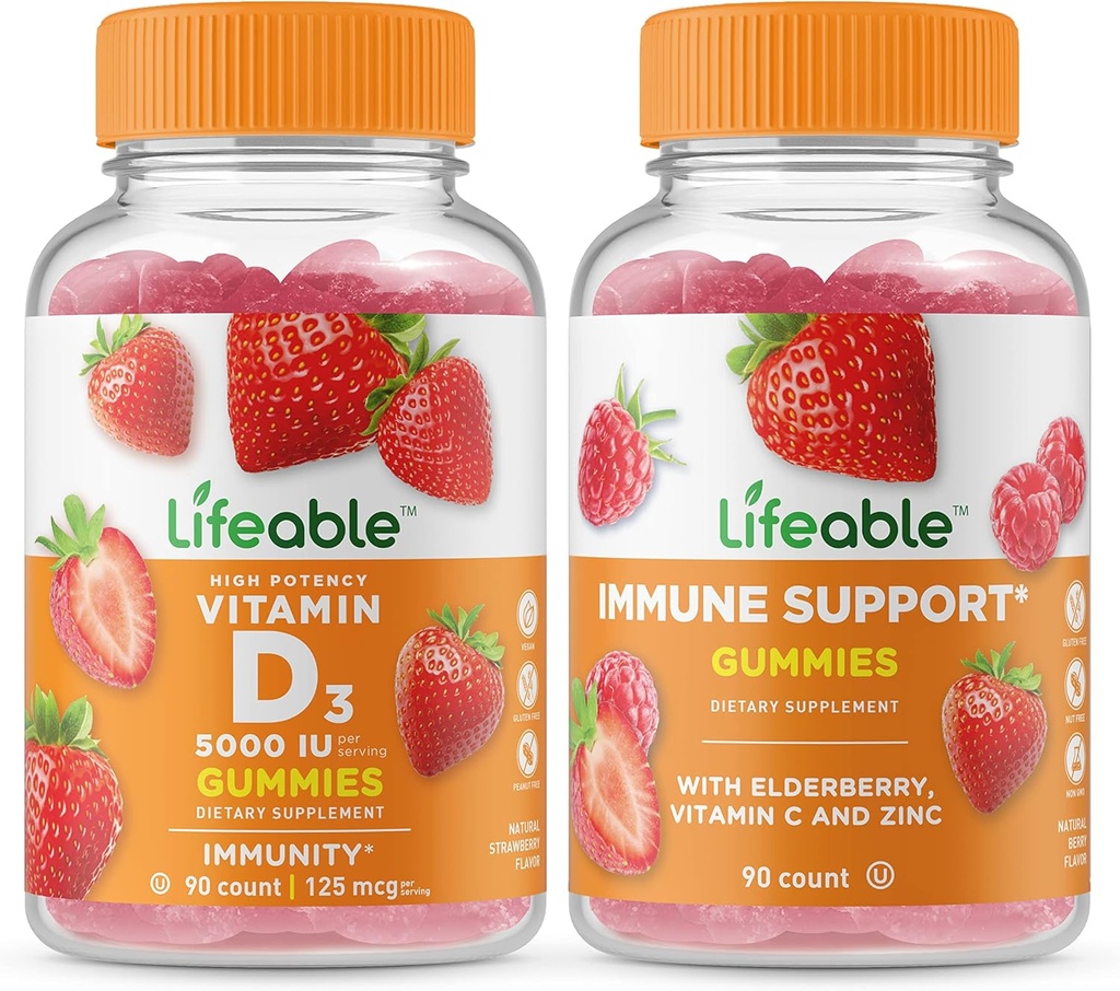 Vitamina vitale D 5000 IU + Supporto immunitario, Gummies Bundle - Grande degustazione, Integratore di vitamina, Senza glutine, OGM libero, Gomma masticabile