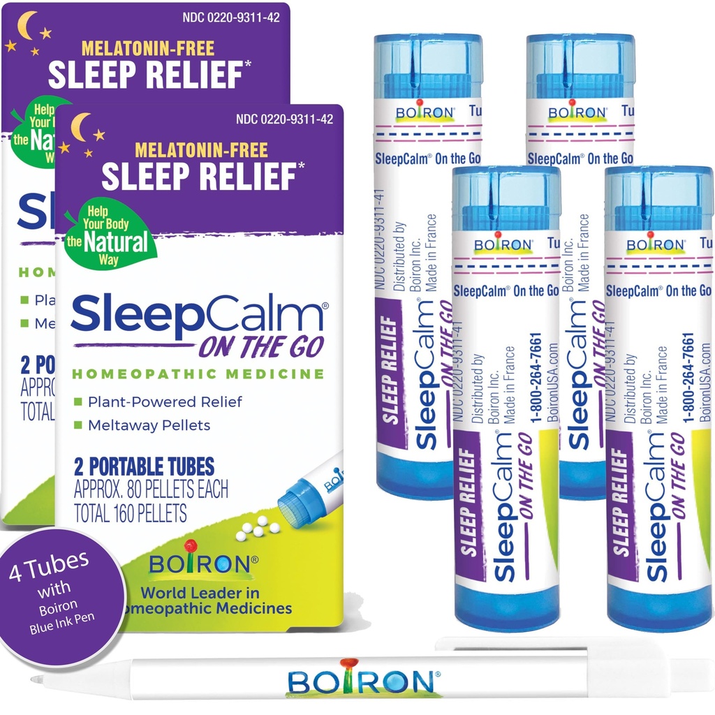 Boiron SleepCalm On The Go Sleep Aid for Deep, Relaxing, Restful Nighttime Sleep - Melatonin-Free e Non Habit-Forming - 80 Count per Tube - 4 Tubes with Blue Pen