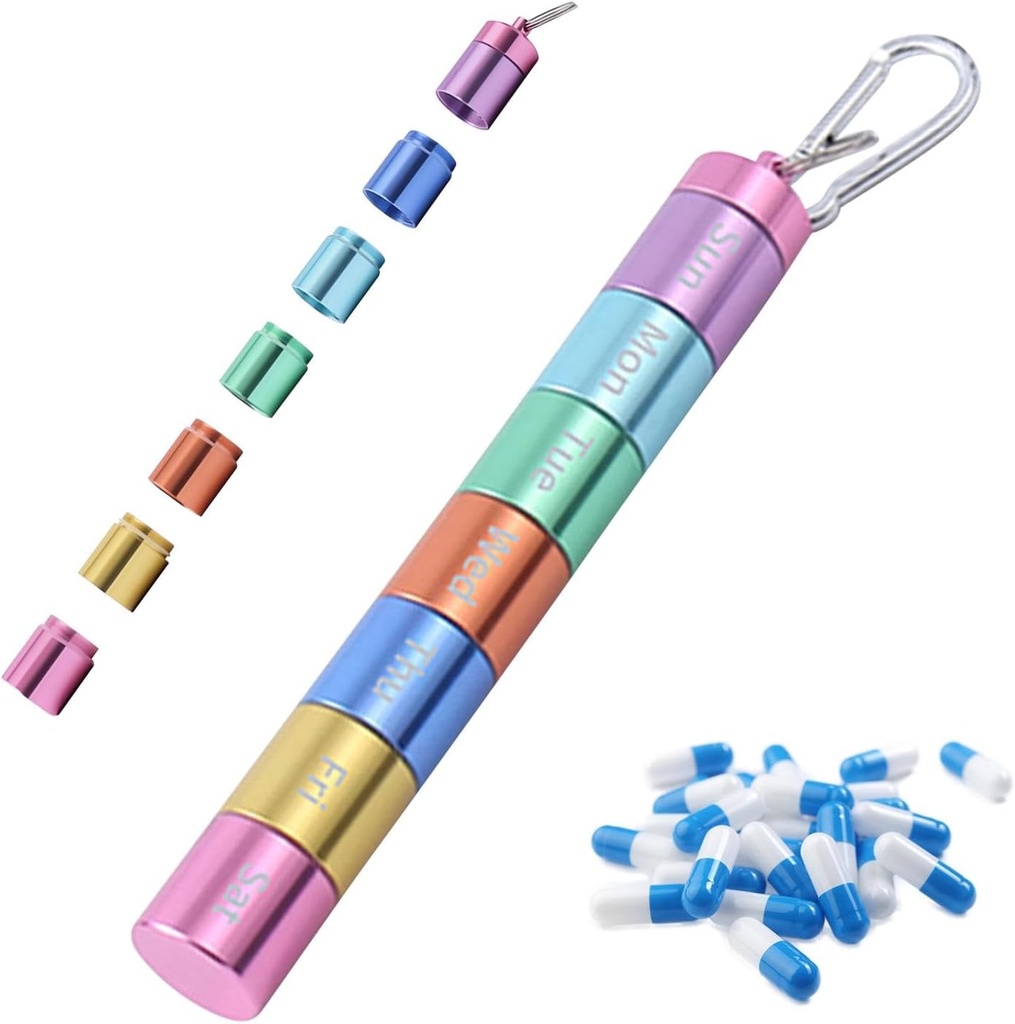 Pill Box Organiser, Portable Weekly Pill Box, 7 Day 1 Times a Day Compartments Tablet Organiser Box, Rainbow Metal Pill Holder Custodia impermeabile con portachiavi per esterni da viaggio