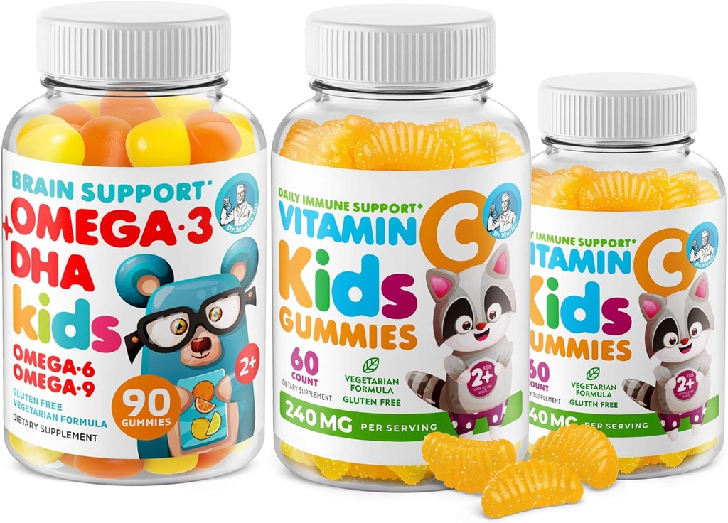 Omega-3 DHA Gummies & Vitamina C Gummies per bambini e adulti – Supporto immunitario, Basso-Sgar, Gelatin-Free, Vegetariano, Vitamine masticabili per i bambini