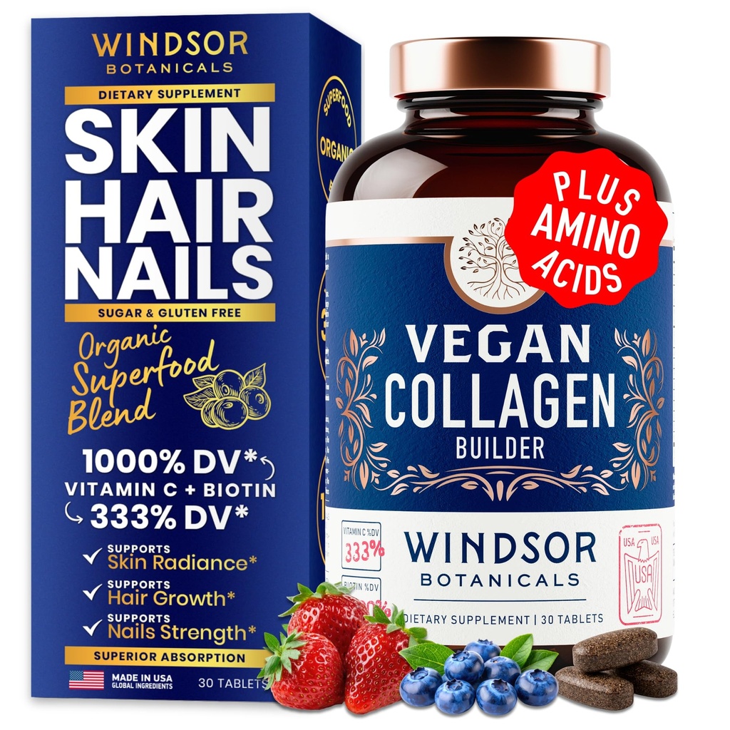 Il collagene vegano per le donne e gli uomini Supplementi - Vitamina C, Biotina, Aminoacidi Glicina, Lisina, Prolina, Frutta Organica & Verdura Polvere - Una volta al giorno - 30 compresse di aumento di collagene a base vegetale