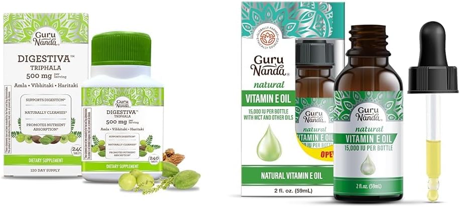 GuruNanda Digestiva Triphala (240 compresse) & Vitamina E Oil (2 Fl Oz) - Supporta la digestione, Aiuta con Bloating & Constipation, Integratore alimentare con Amla, Haritaki & Bibhitaki
