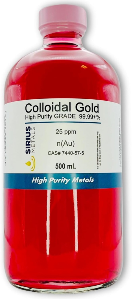 True Colloidal Gold – 25 ppm - 99.99+% Purezza - 500 mL (16.9 Fl Oz) in Bottiglia di vetro - Made in USA