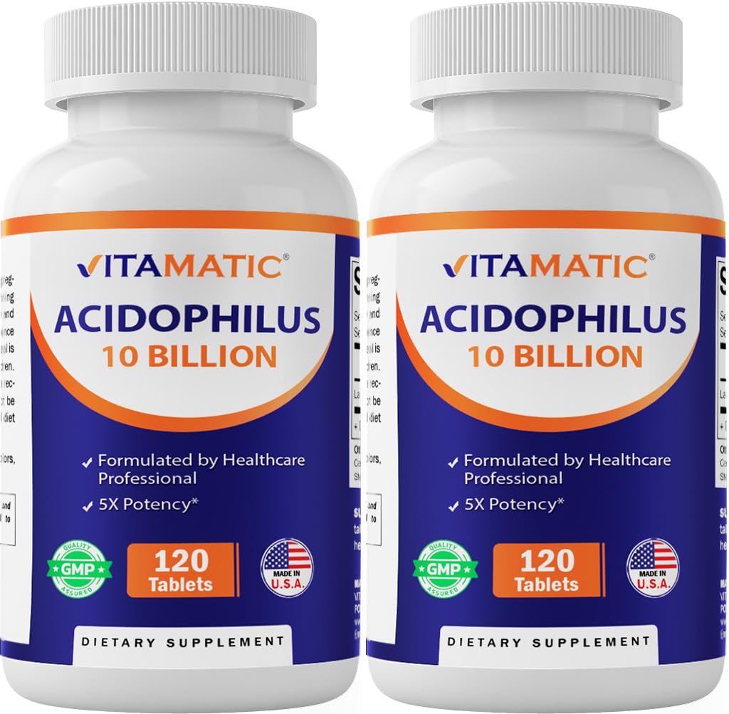 Vitamatic 2 confezioni Acidophilus Probiotic - 10 miliardi di CFU - 120 compresse - 5X Potency - Supplemento Probiotico giornaliero, Supporta la salute digestiva (Totale 240 compresse)