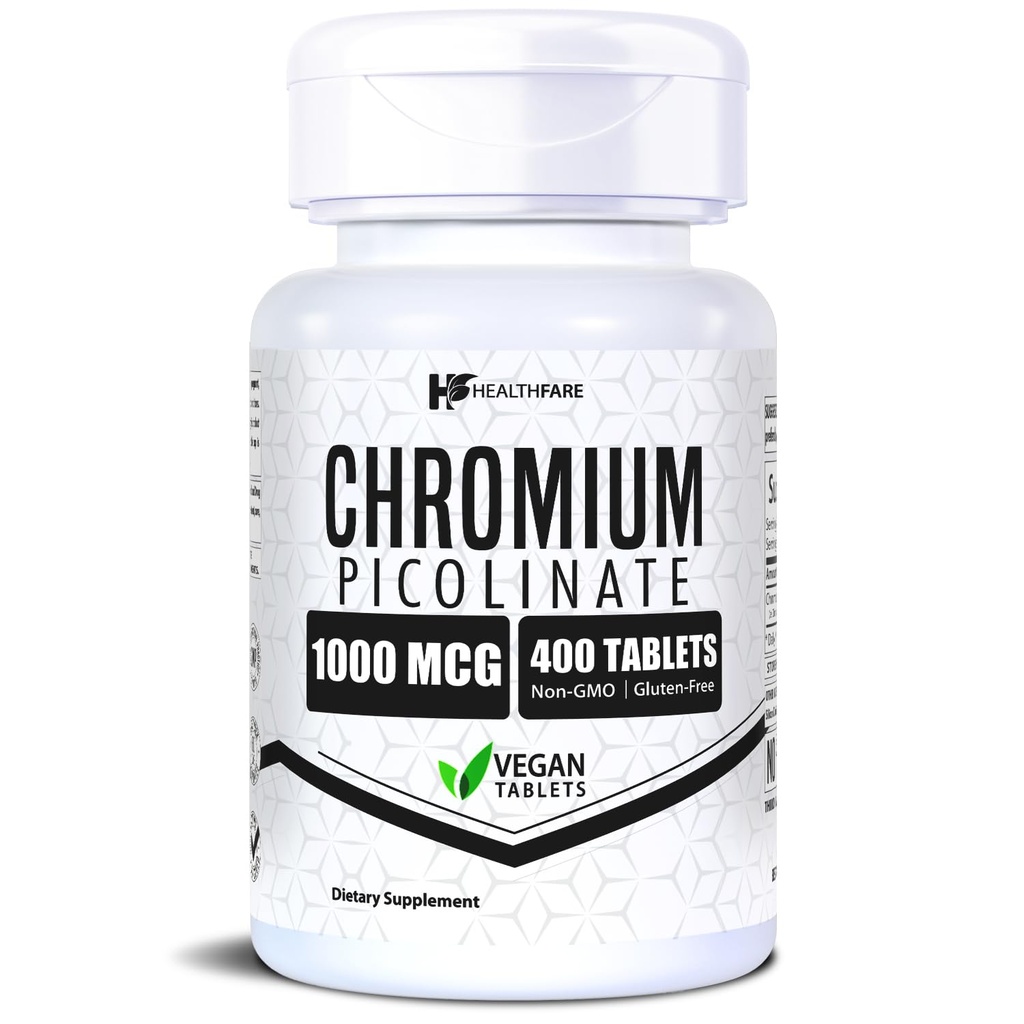 HealthFare Chromium Picolinate 1000mcg | 400 compresse vegane | Supplemento minerale ad alto assorbimento | Supporta il metabolismo sano dello zucchero e l'assorbimento nutriente | Non OGM, Gluten-Free | Made in USA